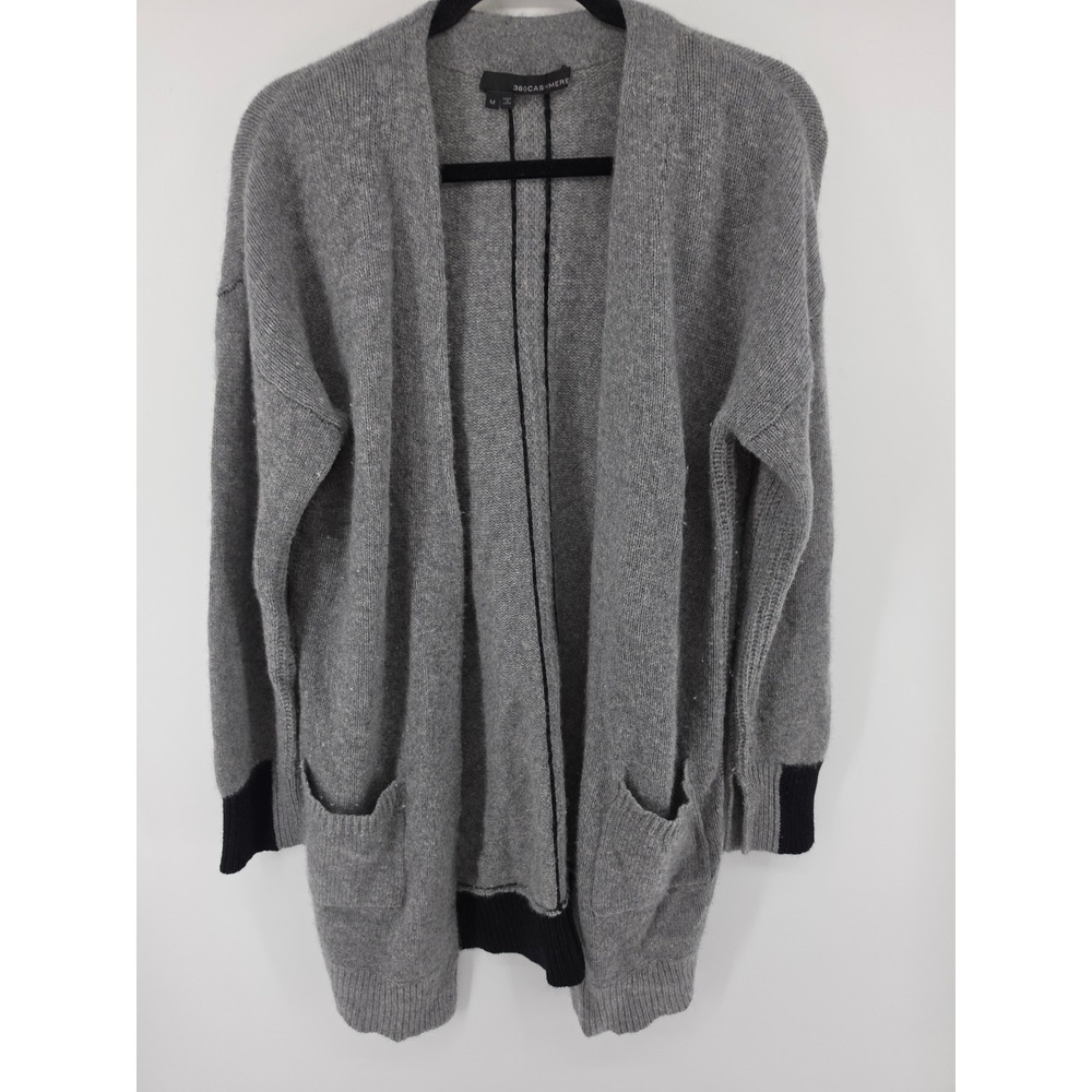 360 Cashmere Womens Gray Open Front Cardigan Sweater Black Trim 100% Cashmere M